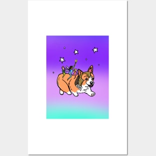 Magical Corgi running with fairies on his back Posters and Art